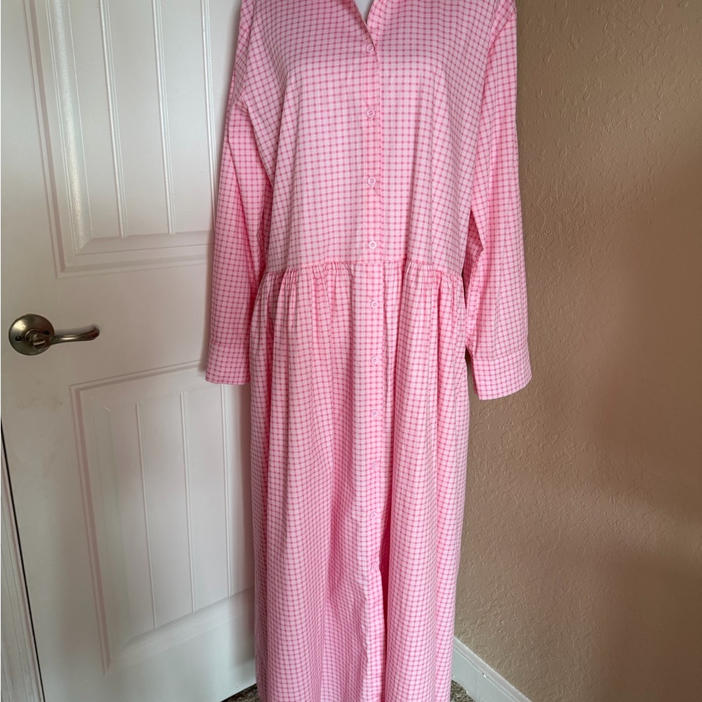 Pink & white checked Gingham Long Sleeve loose flowy maxi Dress